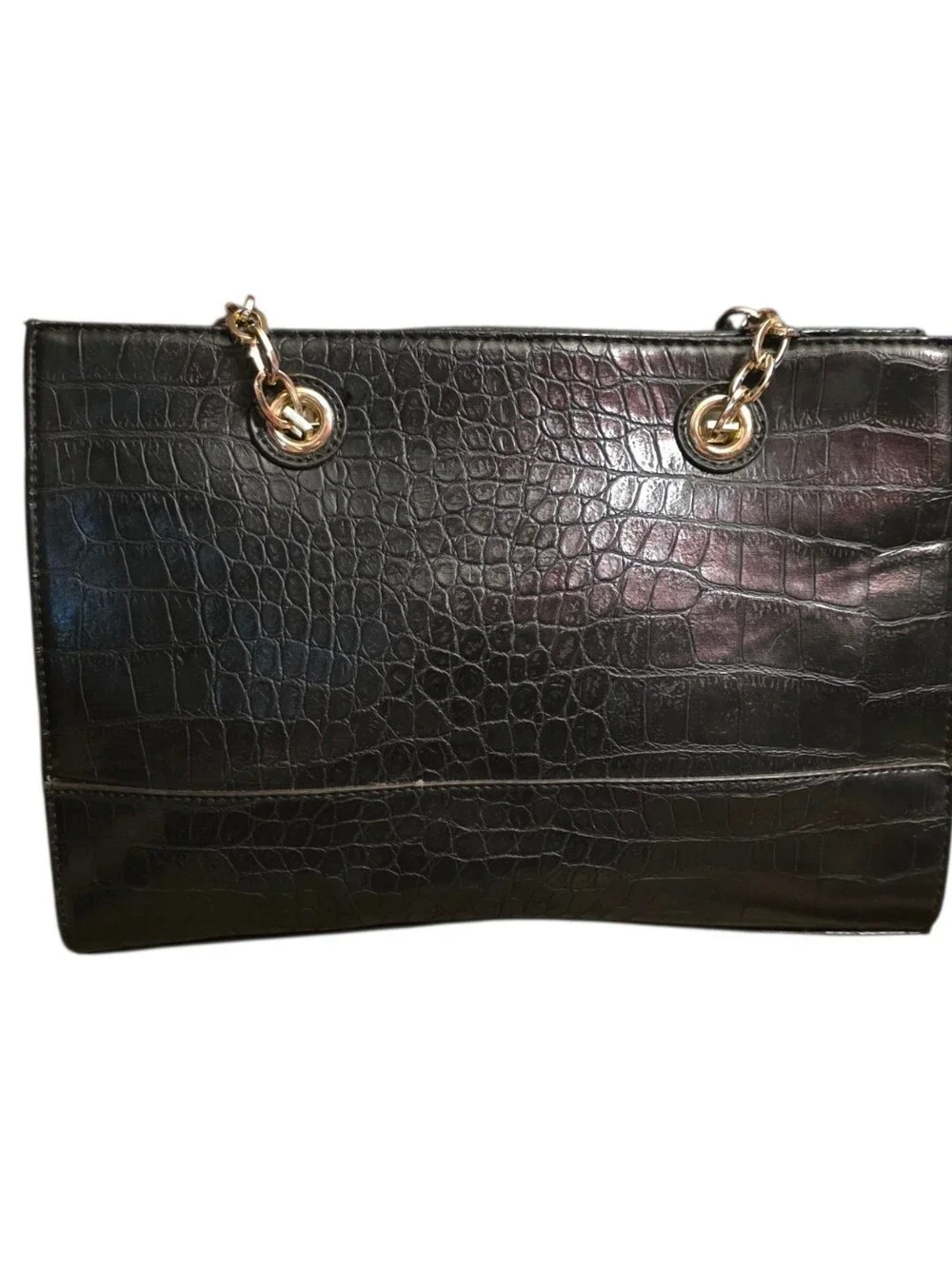 Anne Klein Black Faux Croc-Embossed Tote with Gold Hardware Charm